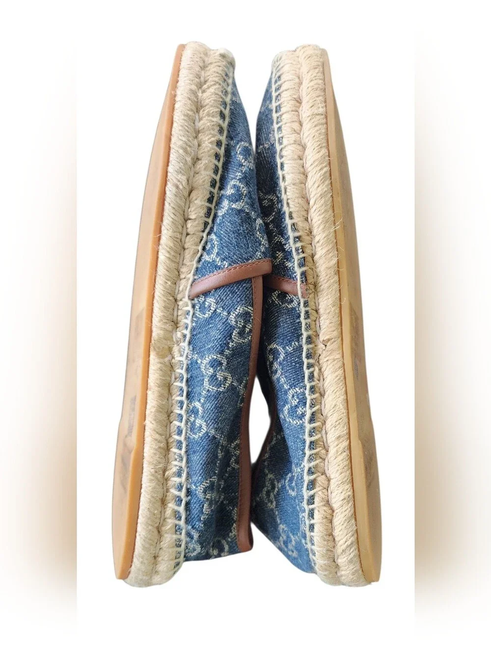 Gucci Blue Monogram Denim Espadrille Flats with Brown Trim